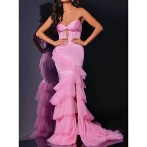strapless open back dress Jovani Blush Embellished Halter Neck Prom Dress – Saris and Things main image 0